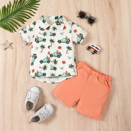 

Toddler Boys Outfit Sets Summer Short Sleeve Cartoon Car Shirt Shorts Beach Two Piece Suit