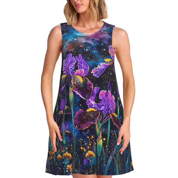 Disketp Starry Night Iris Field para Vestido sin Mangas para Mujeres, Vestidos de Verano para Mujeres, Casual y Holgado para la Playa