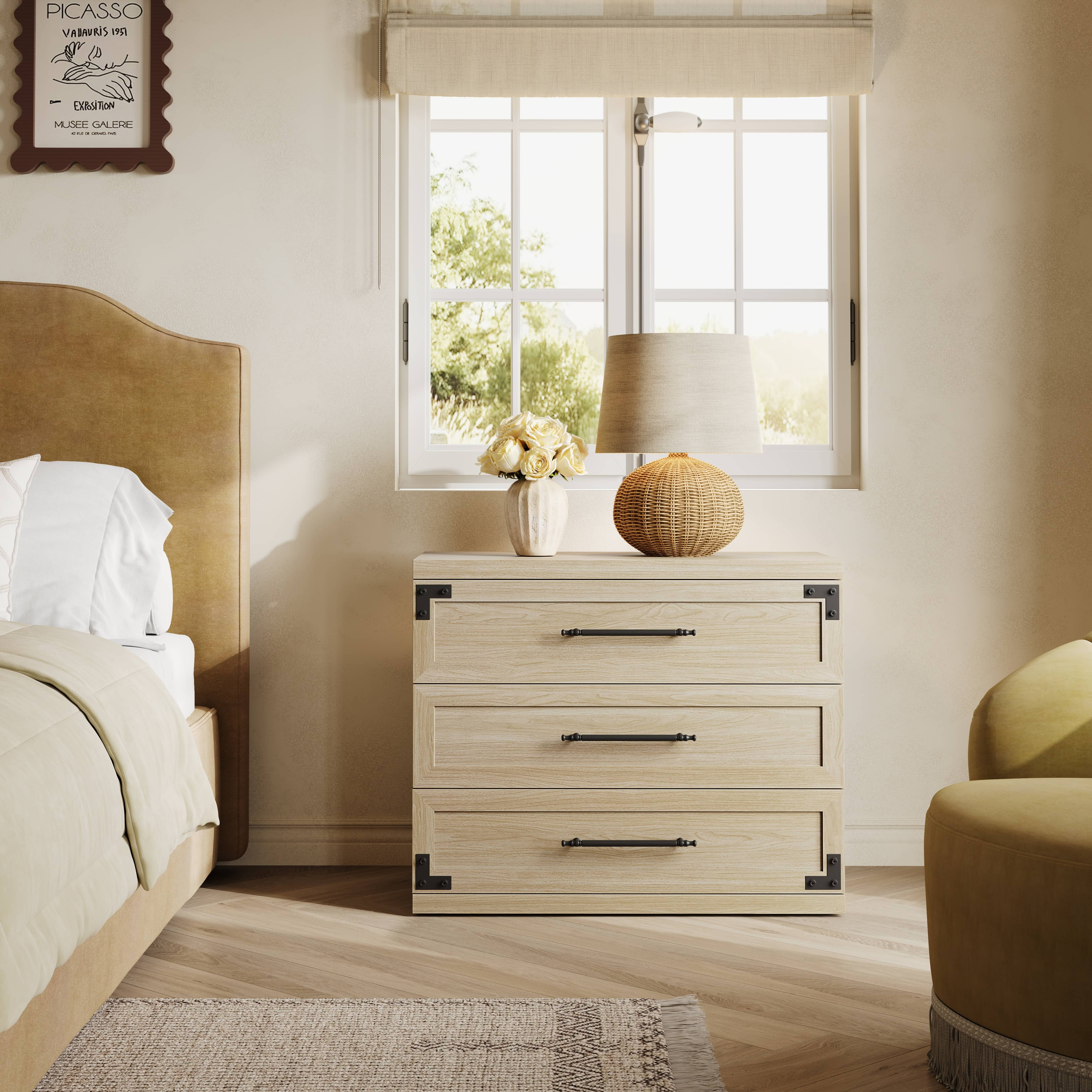 SICOTAS 31.3" Wide Farmhouse 3 Drawer Nightstand Set of 2, Oversized Bedside Table with Black Handles, Dresser Nightstand with Large & Deep Drawers, Wood End Table for Bedroom, Living Room, Beige