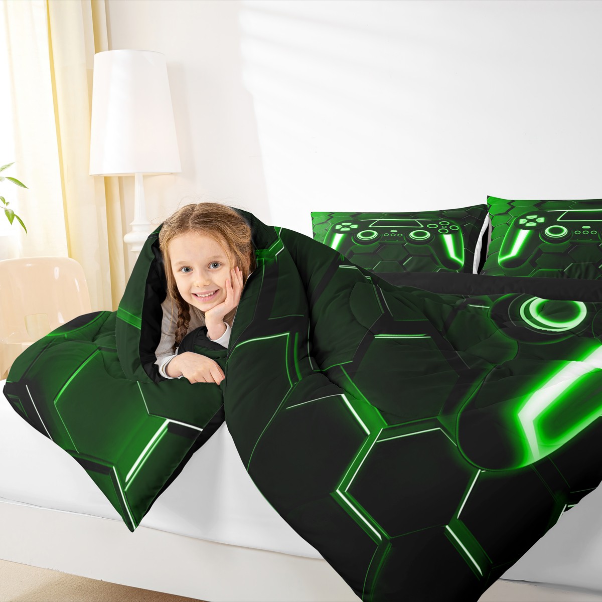 Feelyou 3D Gamepad Bedding Comforter Set, Neon Honeycomb Geometric Twin Comforter Sets, Boys Gaming Gamer Bedding Set, Ultra Soft Room Decor, 2pcs