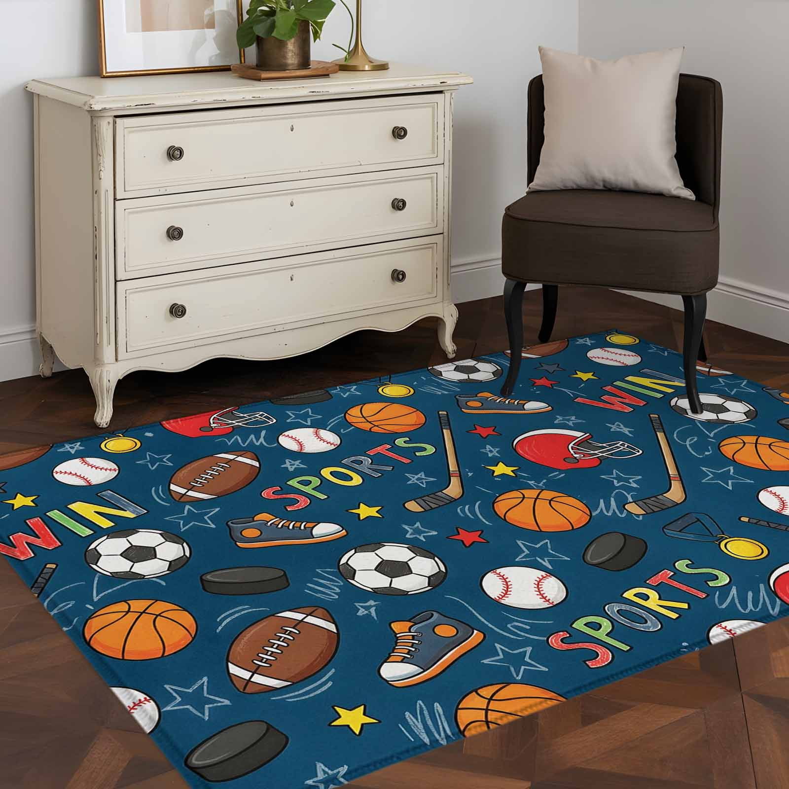 Navy Blue Sports Area Rugs 4'x6', Washable Small Throw Rugs for Office Bathroom, Football Basketball Rugby Baseball Indoor Outdoor Rug Non-Slip Low Pile Carpet Runner Reversible Floor Mats