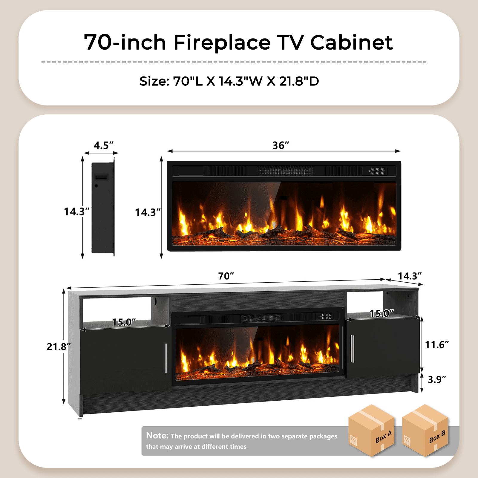 Flictozena 70" TV Stand with 36-Inch Electric Fireplace, Adjustable LED Lights & Storage | Fits TVs Up to 80 Inches | Modern Entertainment Center with Glossy Black Doors