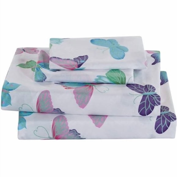 Elegant Home Purple Turquoise White Pink Green Butterflies Design 4 Piece Printed Sheet Set with Pillowcases Flat Fitted Sheet for Girls/Kids/Toddler (Butterfly, Full)