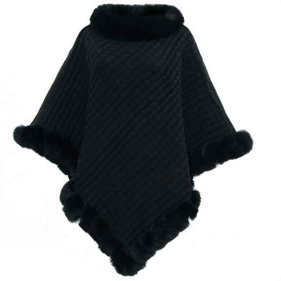 Duoif Poncho Shawl, Faux Trim Poncho Elegant Cape Coat with Faux Collar and Trim Winter Warm Knitted Stole Shawl Wraps for Women Black