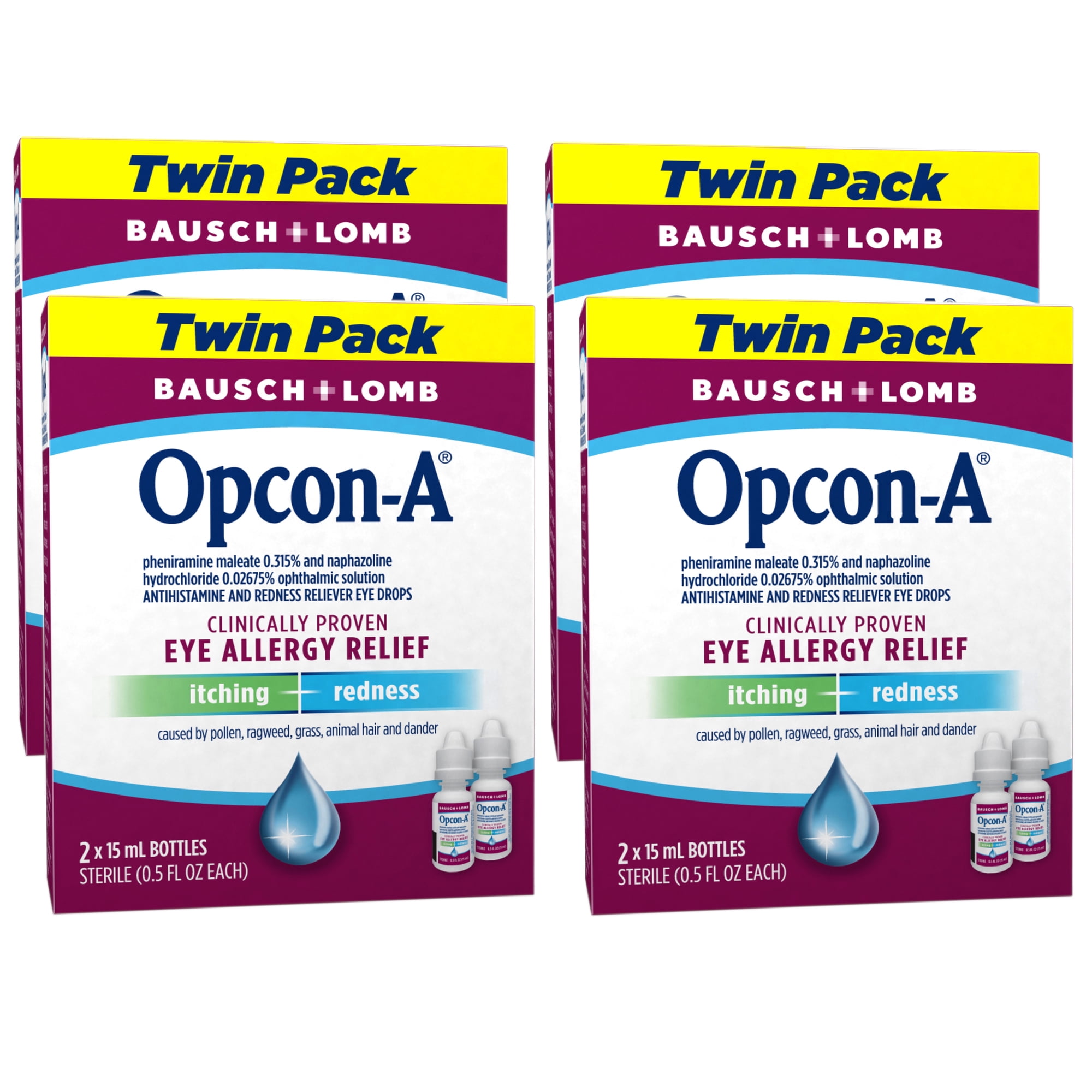 4 Pack - Opcon-A Eye Allergy Relief Drops–Antihistamine and Redness Reliever Eye Drops–from Bausch + Lomb – 0.5 FL OZ (15 mL) Twin Pack