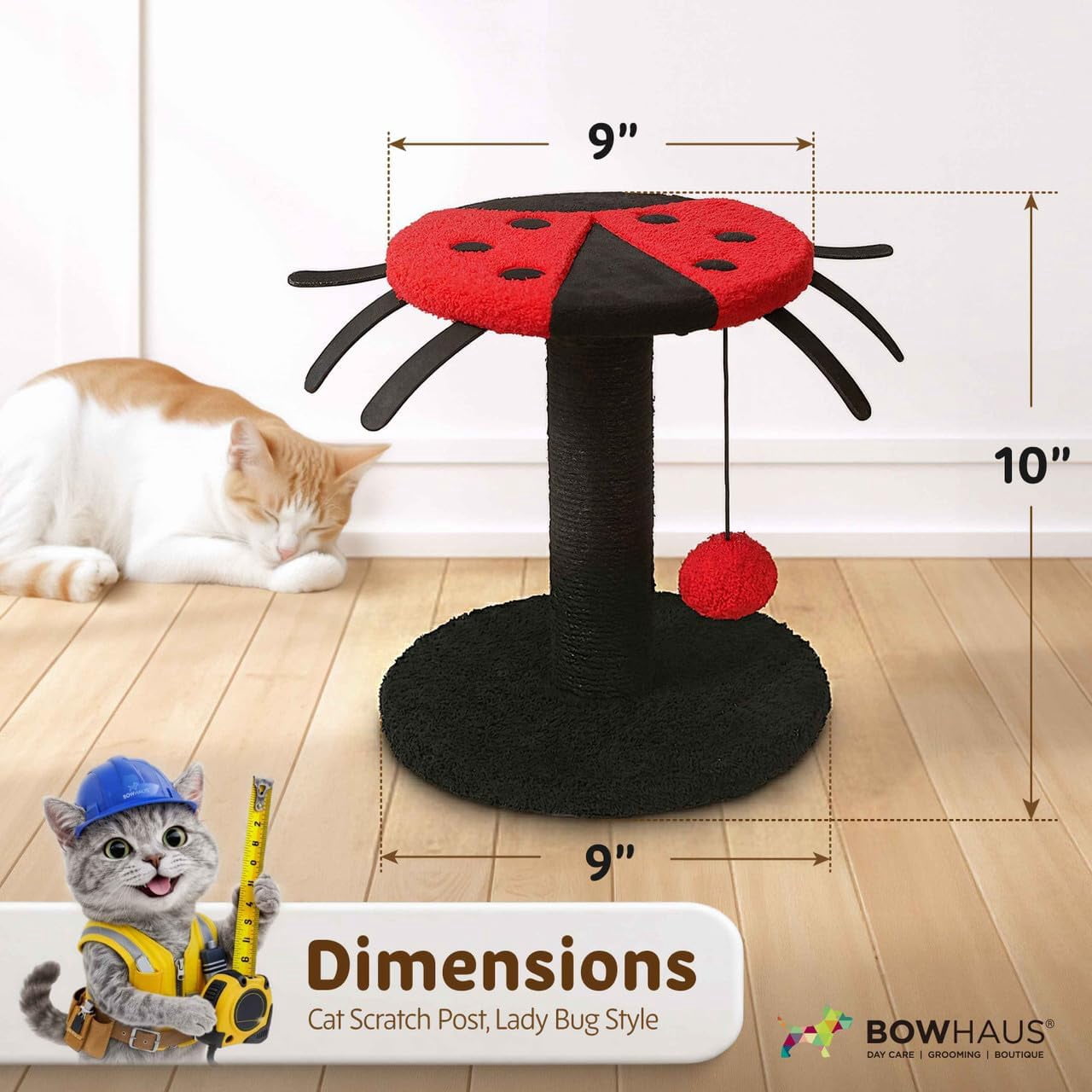 CAPHAUS Lady Bug-Style Cat Scratching Post, Cat Scratcher with Sisal Rope and Interactive Hanging Ball, 10 Inch Scratching Post for Indoor Cats and Kittens