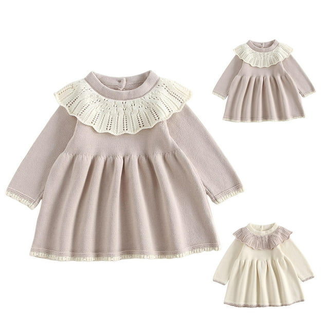 Tranfacy Robes pour Petite Fille, Robe à Manches Longues pour Fille, Robe à Manches Longues à Col Rond pour Tout-Petit, Jolie Robe Chandail Tricotée pour l'Hiver