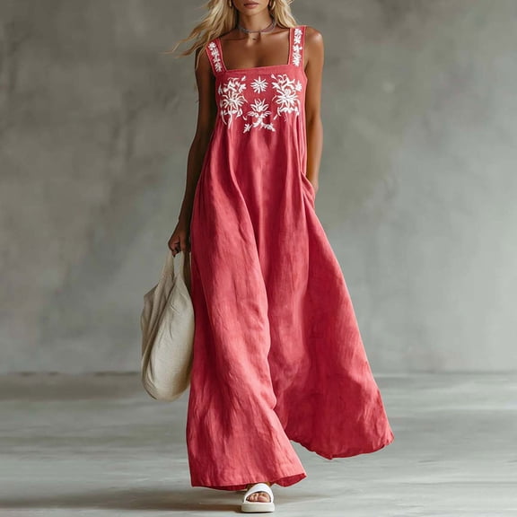 QUNYINEY Cotton Dresses for Women 2026 A Line Maxi Sleeveless Floral Sundress with Pockets Embroidered Square Neckline Loose Fit Dresses