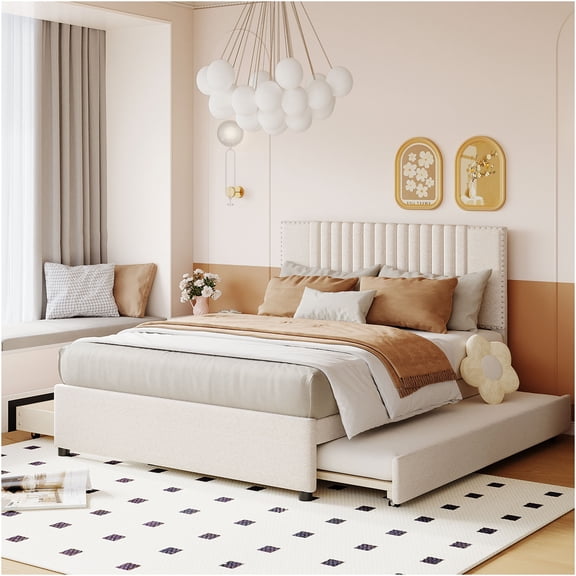 JERFIT Full Size Upholstered Platform Bed with 2 Drawers and 1 Twin Size Trundle Classic Headboa