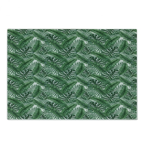 Palm Leaf Cutting Board, Watercolor Art of Palm Tree Leaves Fresh Jungle Rainforest Plants, Decorative Tempered Glass Cutting and Serving Board, Small Size, Forest Green White, by Ambesonne