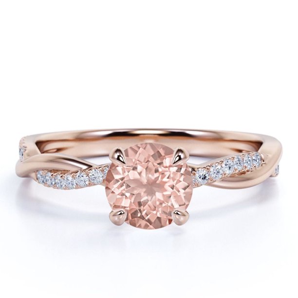 JeenMata Anillo de Compromiso de Moissanita y Morganita de Talla Redonda de 1 Quilate en Color Rosa Melocotón sobre Plata de Ley