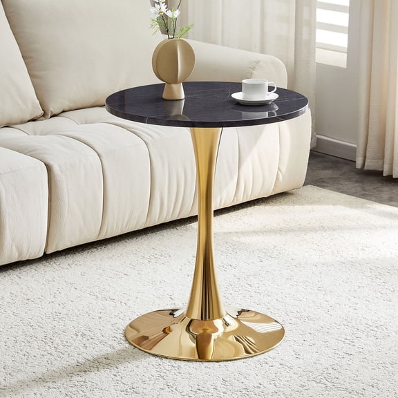 S-HOME Round Dining Table 23.6 Inch Circle Tulip Design With Thickened Top And Metal Pedestal For Living Room And Kitchen Use