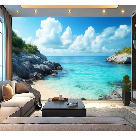 Peel and Stick Wallpaper Blue Sea Sky Rocky Beach Coastal Ocean Clouds Rocks Tropical Beach Modern Art Wall Mural Decor Self Adhesive and Removable 100in x 144in