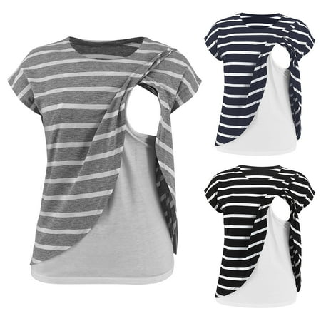 

Tejiojio Maternity/Labor/Nursing Clothing Clearance Ladies Fashion Solid Color Stripe Print Short Sleeve Maternity Breastfeeding Clothe Top