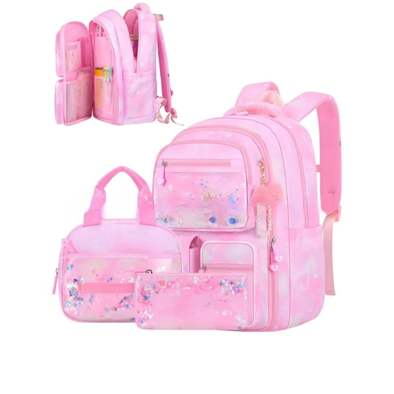 Raistyw Girls School Backpack, Cute Pink Elementary Backpack with Lunch Bag and Pencil Case, Lightweight Bookbag for Kids Girls, Multi Pocket School Bag for Students