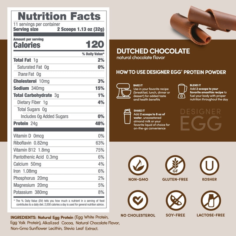 Designer Wellness , Designer Egg, Natural Egg Yolk & White Protein Powder, 24g Protein, Keto and Paleo Friendly, Less Fat and Cholesterol, Dutch Chocolate 12.4 Ounce