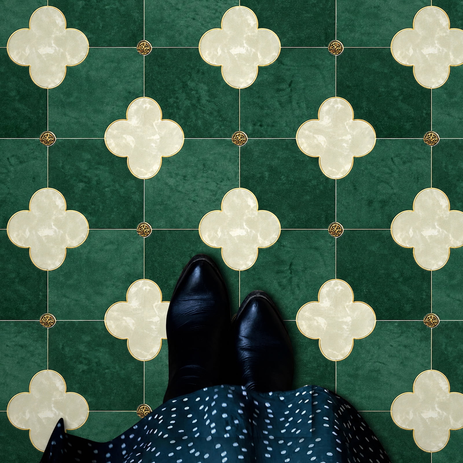 DEWOO Peel and Stick Floor Tile, Peel and Stick Flooring Self Adhesive, Waterproof Vinyl Flooring Suitable for Bathroom, Kitchen, Dark Green(12 x 12 In, 10PCS)