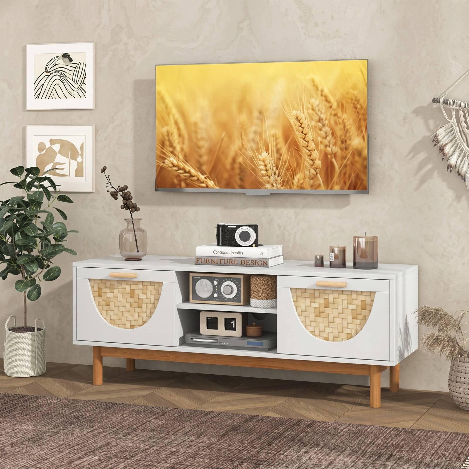 Furnibear Mid Century Modern TV Stand Entertainment Center for 55 Inch TV, Wood Media Console with 2 Drawers, 2 Open Shelves and Bamboo Woven, White and Natural