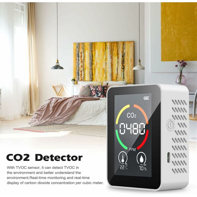 Détecteur CO2 Portable - Moniteur Qualité Air Avec TVOC, Température, Humidité - USB Rechargeable - Pour Bureau, Maison