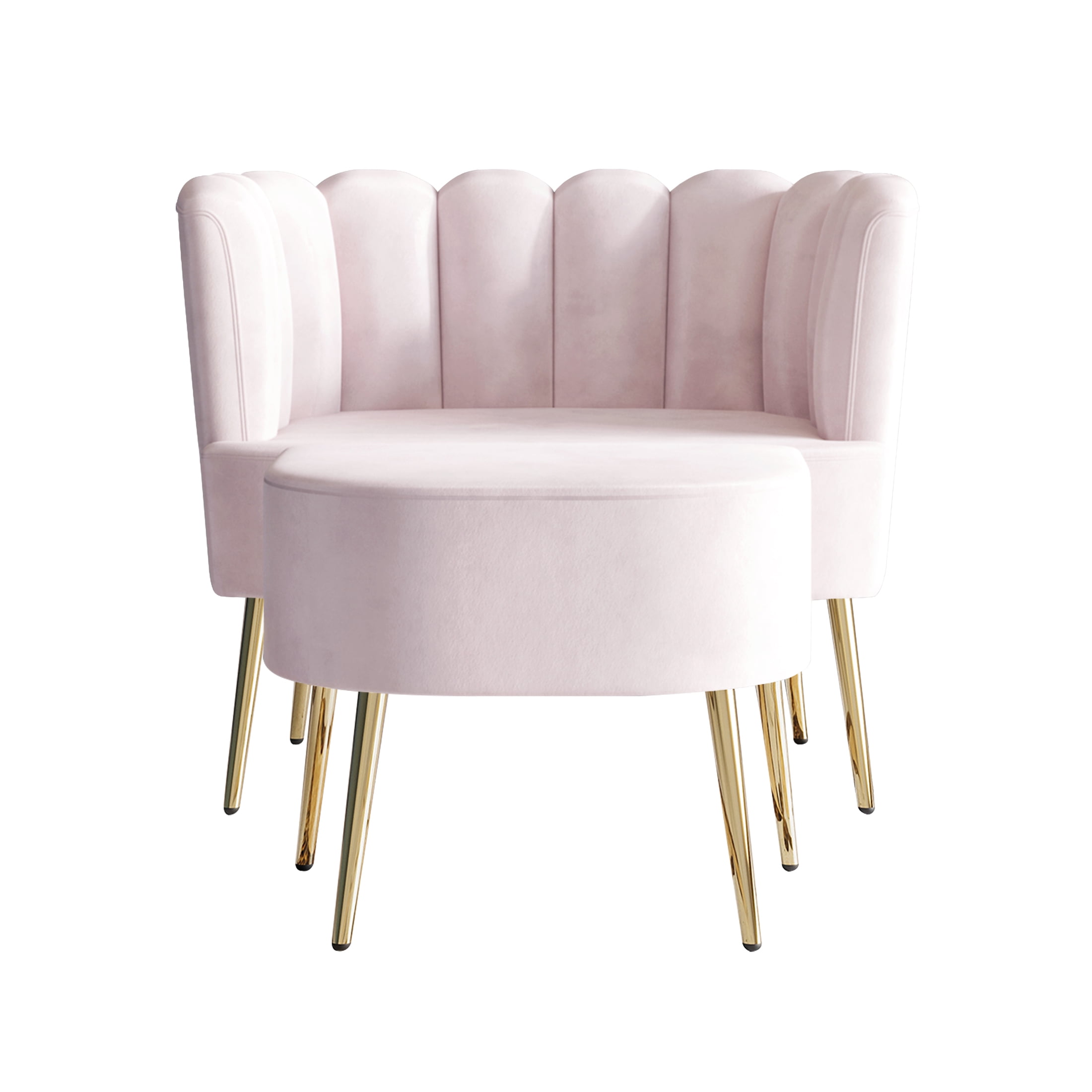 Castle Place Modern Luxury Upholstered Velvet Chair with Stool, Light Pink