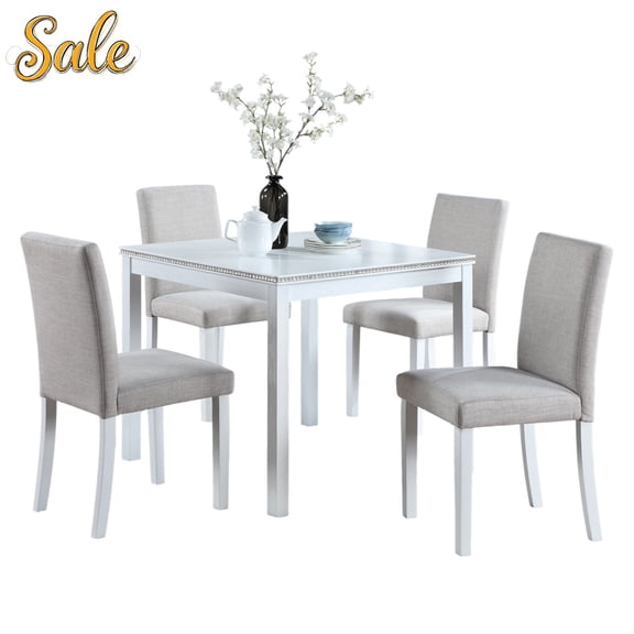 GZXS 5-Piece Dinette Set, Square Dining Table with Crystal Crushed Diamond Edge and 4 Linen Upholstered Chairs, Space-Saving Dining Set for Compact Kitchen, White Light Gray