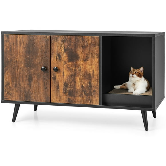 Gymax Cat Litter Box Enclosure w/ Cat Litter Catch Indoor Cat Cabinet for Living Room