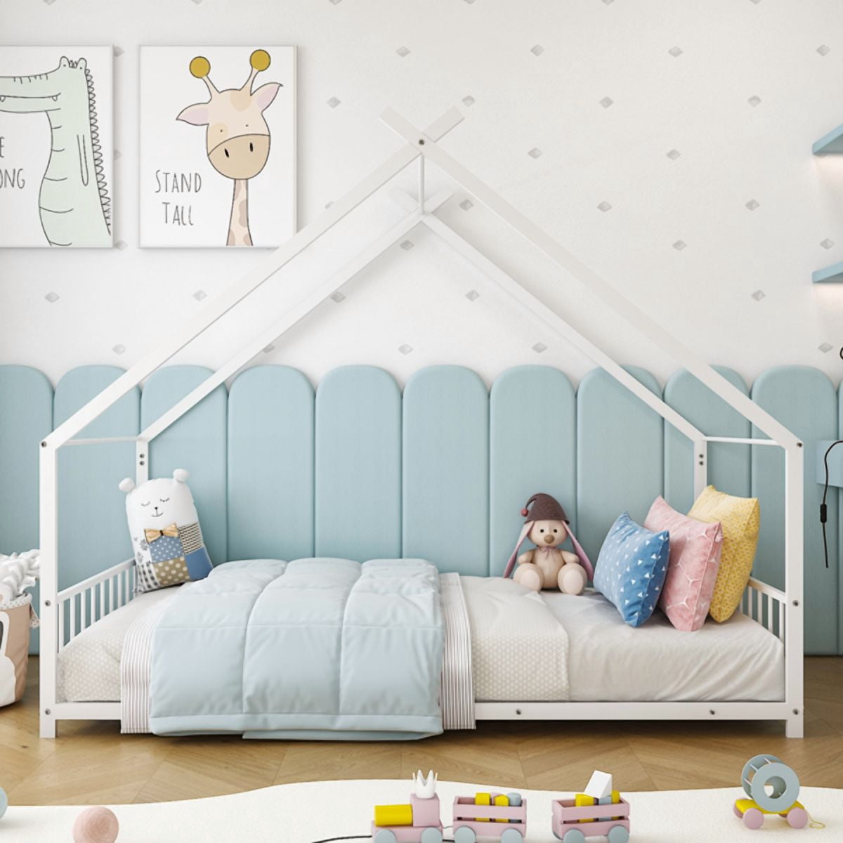 Alvantor Twin Metal House Bed for Kids and Toddlers with Side Guardrails, No Box Spring Needed, White