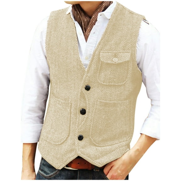 USNSM Men's Tweed Single Breasted Suit Vest Vintage Herringbone Solid Color Sleeveless Party Prom Waistcoat Groomsmen Beige L