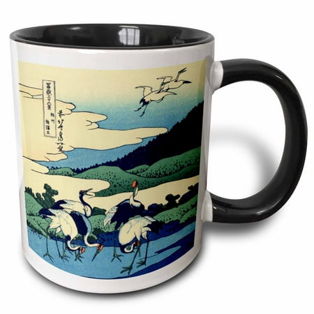 

3dRose Umegawa in Sagami Province by Hokusai - Japanese fine art - blue classic Japan ukiyoe birds cranes - Two Tone Black Mug 11-ounce