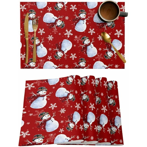 Placemats Set of 6, Cotton Linen Heat Table Mats Non-Slip Washable Christmas Winter Snowman Snowflakes Red Placemat for Holiday Banquet Dining Kitchen Table Decor