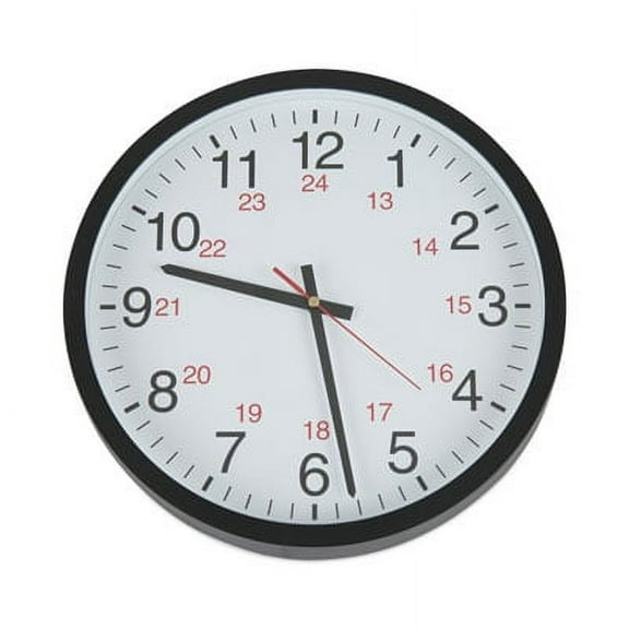Universal-1PK 24-Hour Round Wall Clock, 12.63" Overall Diameter, Black Case, 1 AA (sold separately)