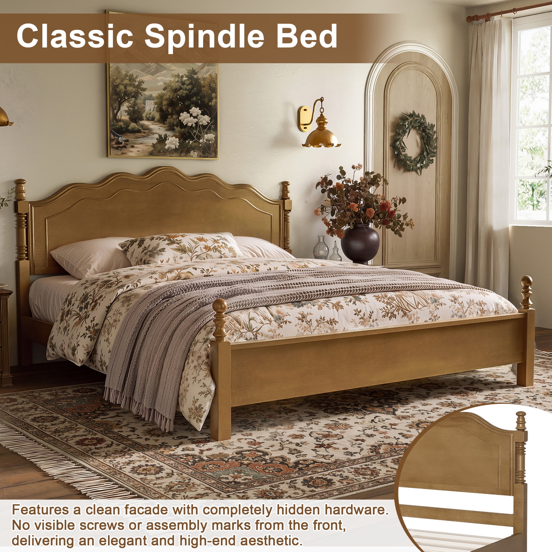 Noble House King Size Wood Platform Bed with Curved Headboard, Spindle Posts, Dark Oak