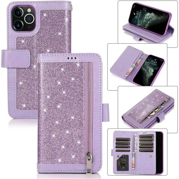 for iPhone 12 Mini Women Girls Glitter Zipper Wallet Case Luxury Bling with 9 Card Holder Wrist Strap Rugged Durable PU Leather Card Slots Protective Cover Case for iPhone 12 Mini 5.4" Black