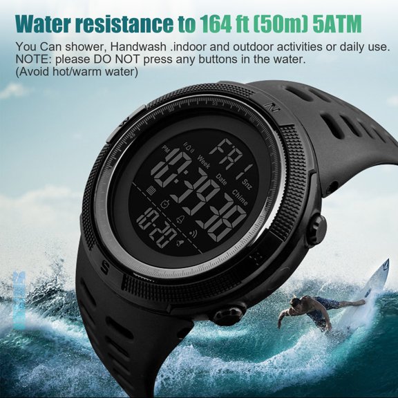 Men's Waterproof Digital Sports Watch, LED Backlight, Wrist Watch with Alarm Stopwatch Calendar, Black