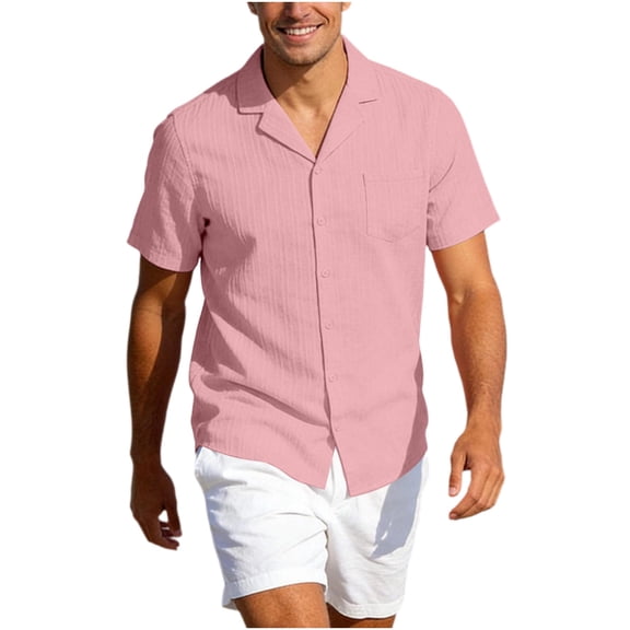 TKKCS Mens Tuxtured Button Down Shirts- Breathable Short Sleeve Turndown Collar Lightweight Casual Loose Fit Beach Vacation Shirts With Chest Pocket Pink Size 2XL