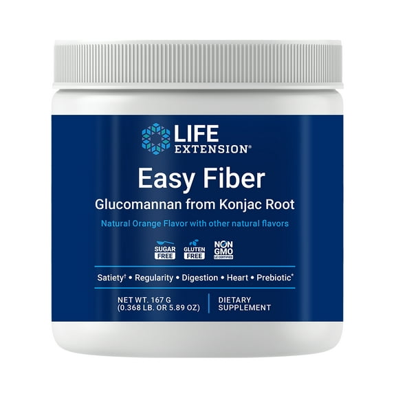 Life Extension Easy Fiber, glucomannan fiber, regularity, digestion, heart health, no artificial sweeteners, vegetarian, non-GMO, gluten free, sugar free, Net Wt. 167 g (0.368 lb. or 5.89 oz)