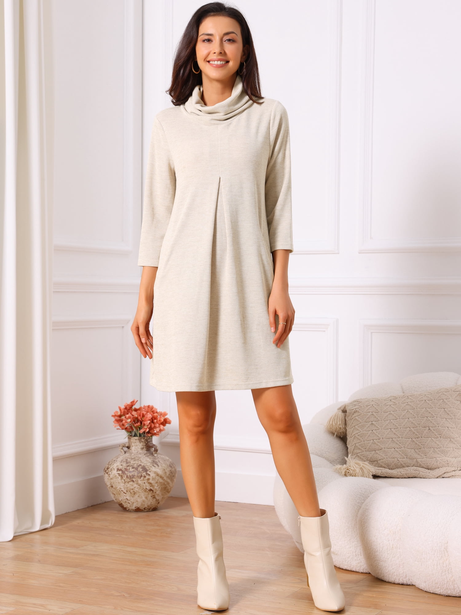 DARING DIVA Women's Knit Dress Turtleneck Pullover Sweater Mini Dress XL Beige