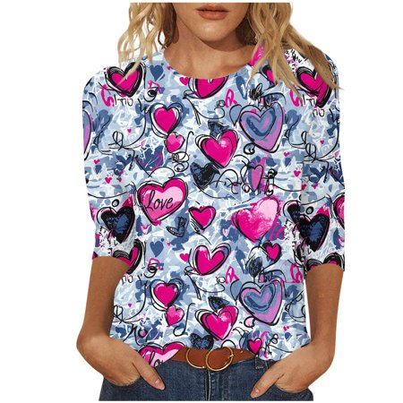 New Arrivals Women's 3/4 Sleeve Valentine Heart Print Shirt with Round Neck Blouse Tops My Items