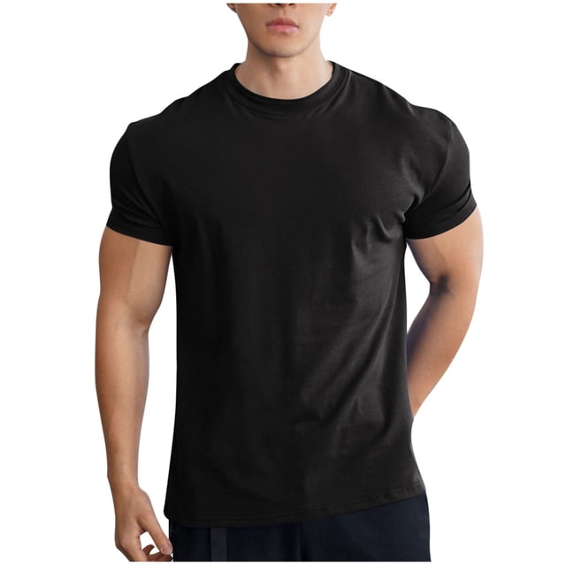 T-shirt à Manches Courtes pour Hommes, Haut de Sport à Col Rond Uni avec Mélange Polyester-Rayon-Spandex Respirant, Longueur Régulière, Tenue Décontractée