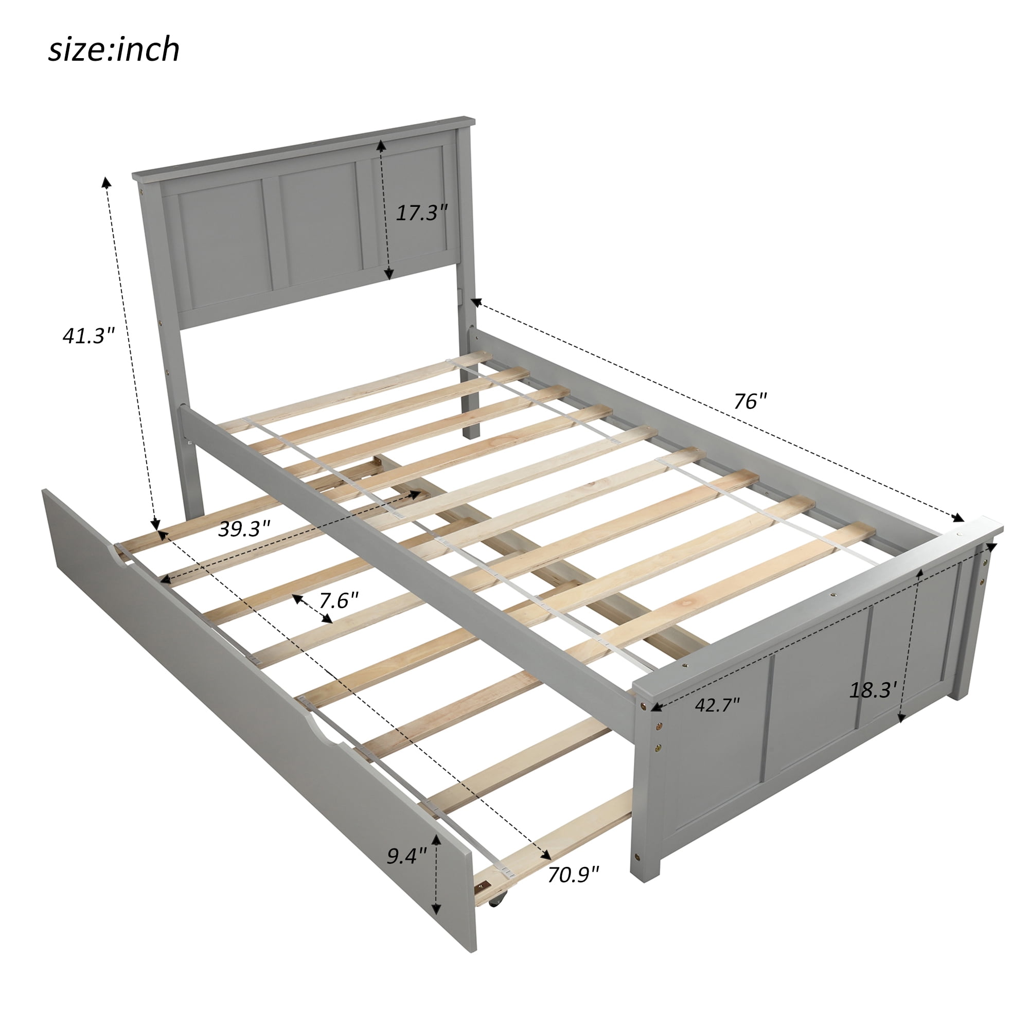 Euroco Modern Wood Twin Platform Bed with Headboard & Trundle for Kids Teens, Grey