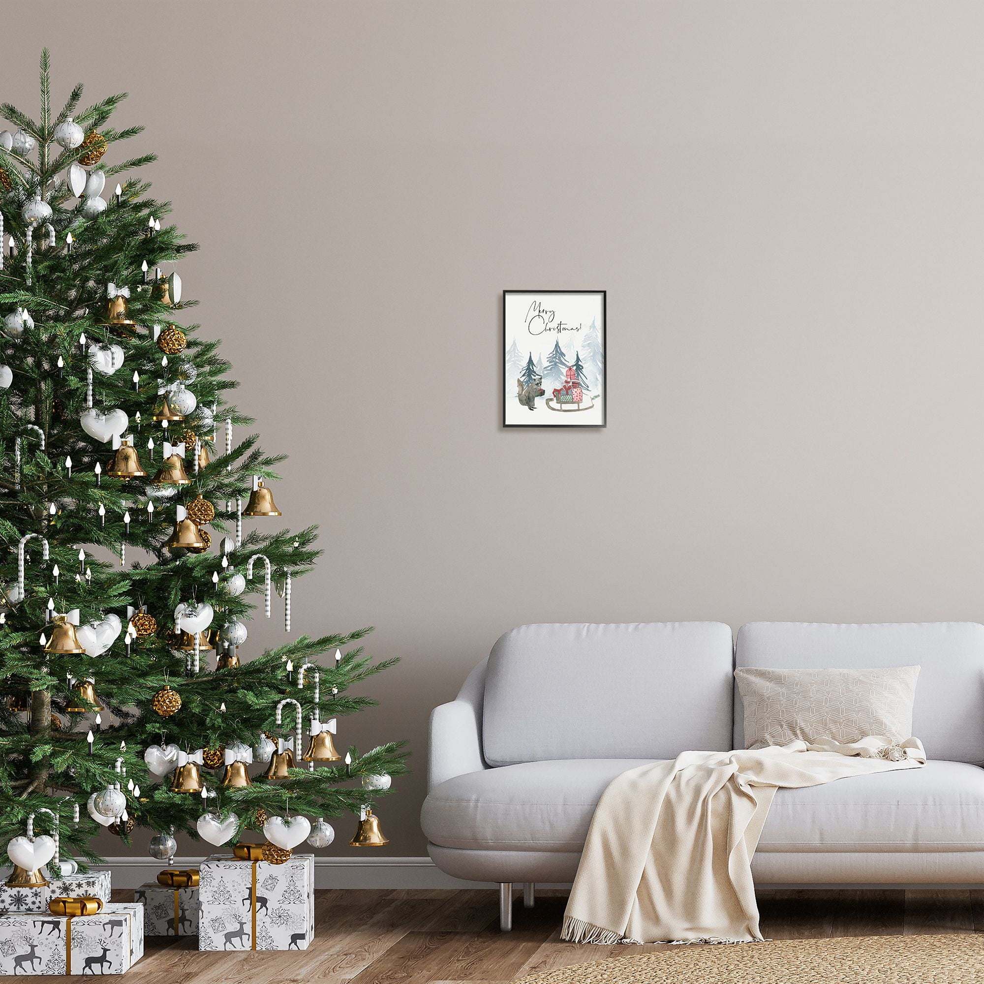 Stupell Indtries Merry Christmas Phrase Adorable Racoon Forest Present Sleigh,11 x 14,Design by Lucille Price