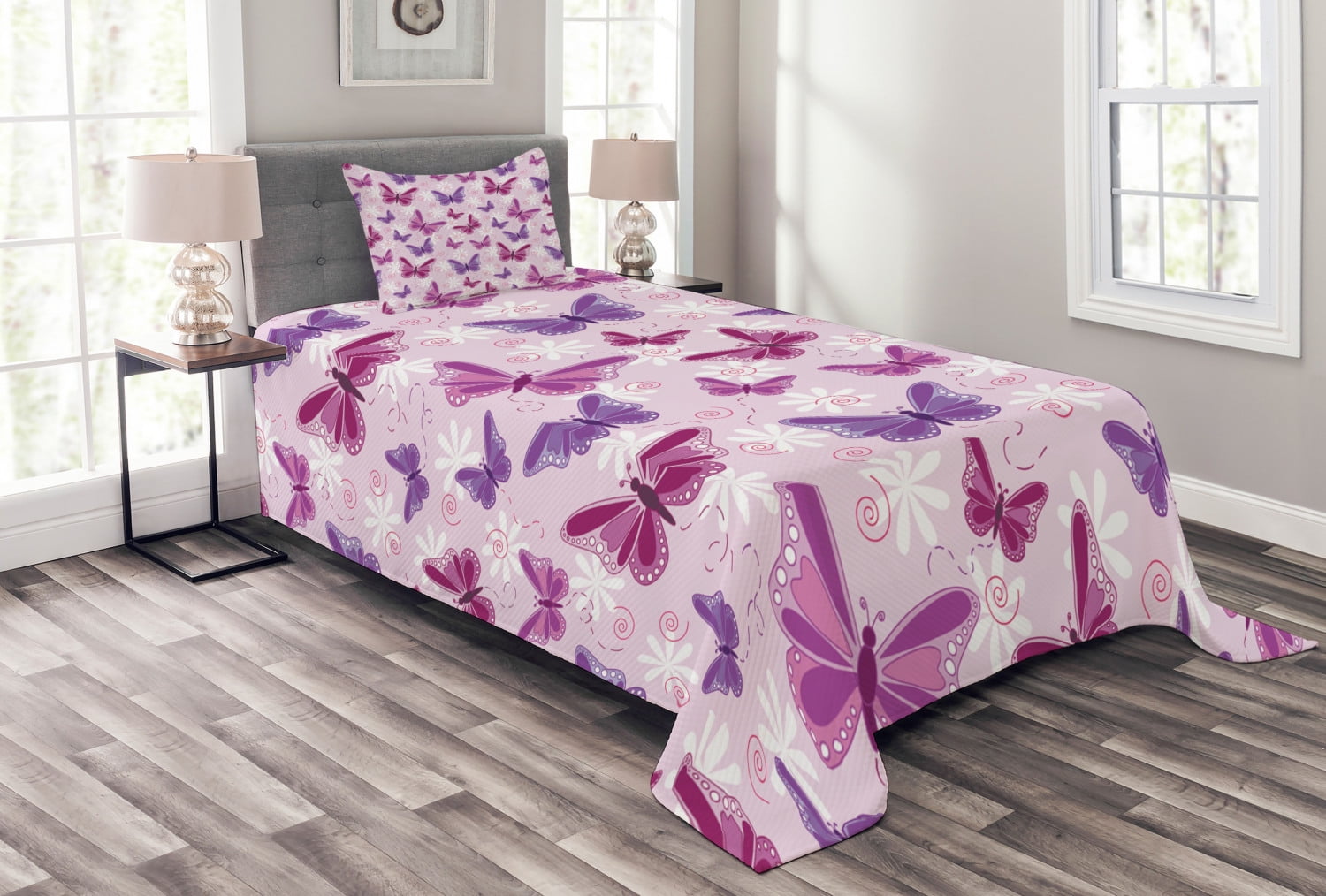 Butterfly Bedspread Set Twin Size, Various Flying Butterflies with Fairy Colors Hippie Style