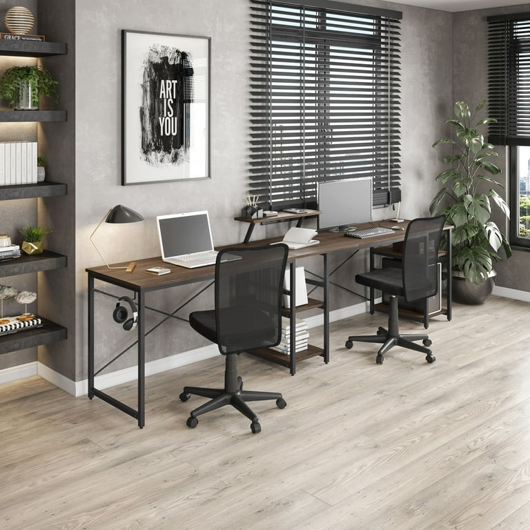 Techni Mobili L-Shape Industrial Desk with Storage Shelves, Walnut