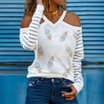 thumbnail image 2 of Mujeres de manga larga de malla ahueca hacia fuera el hombro frío camisas casuales fuera del hombro pulóver a rayas con cuello en V blusa túnica Tops Pompotops gfhjh22064, 2 of 8
