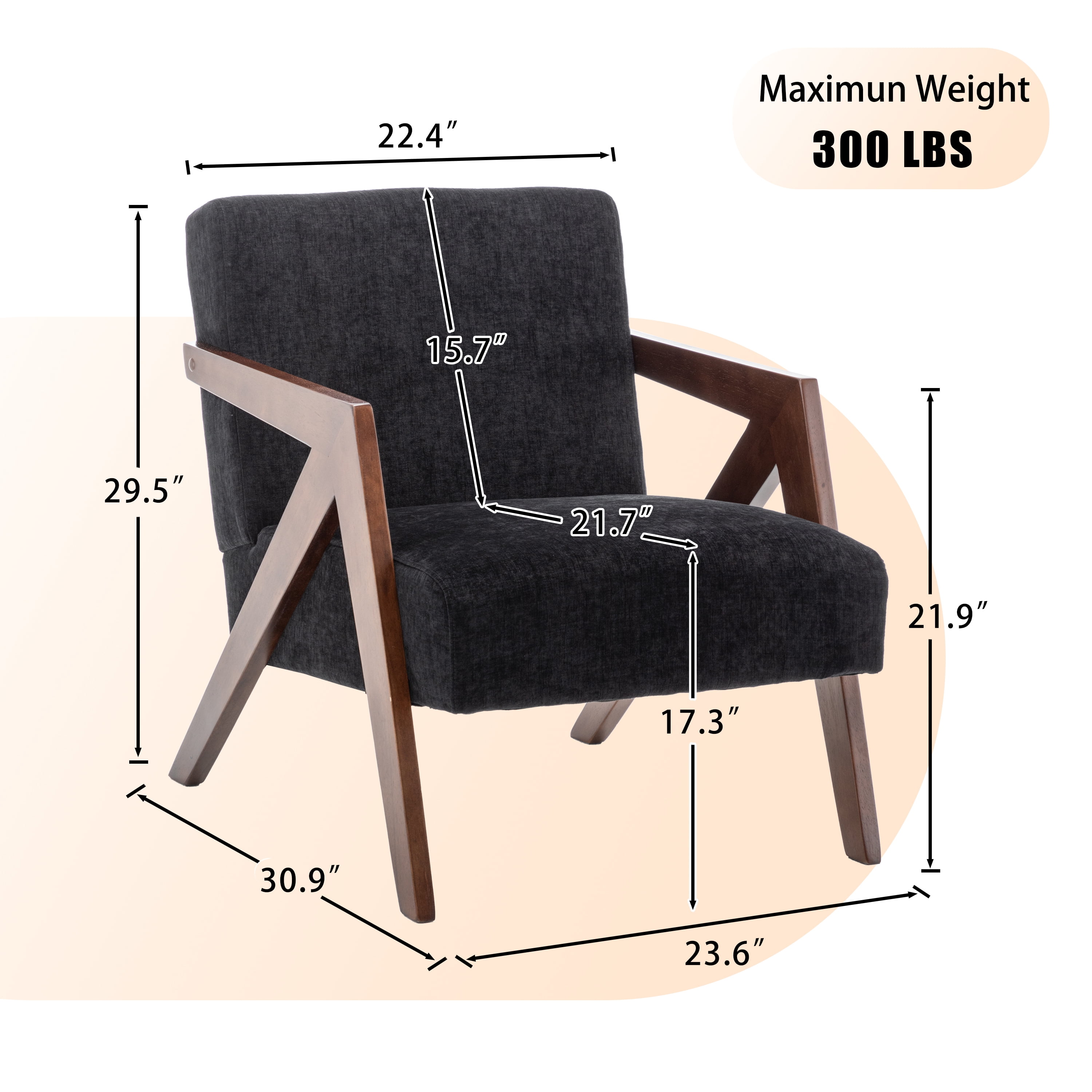 Leumius Mid Century Modern Accent Chair,Upholstered Reading Armchair with Solid Wood Frame,Accent Chair for Living Room Bedroom Apartment, Easy Assembly,Black