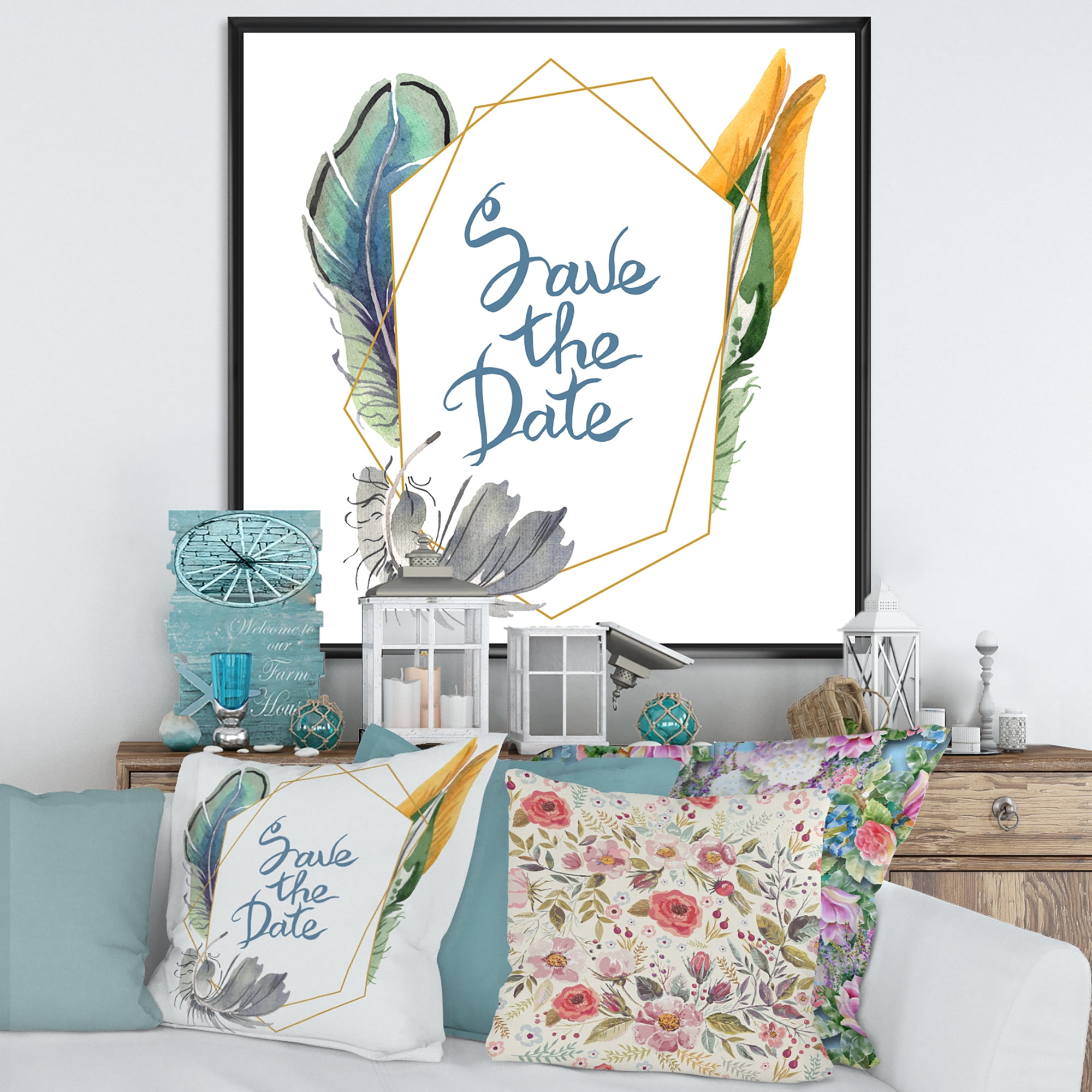 Designart 'Save The Date Bird Blue Feather' Bohemian & Eclectic Framed Canvas Wall Art Print