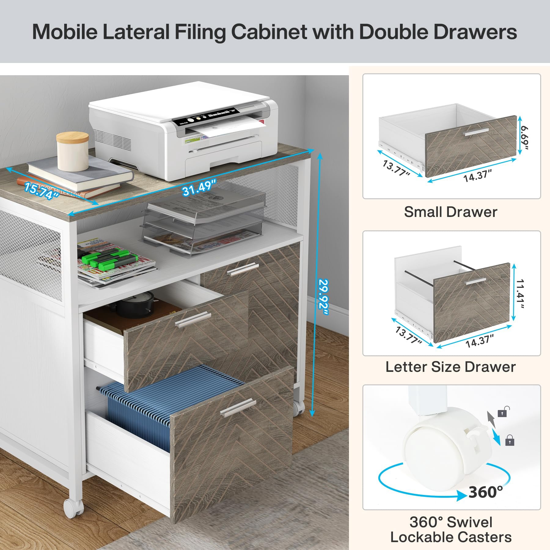 Fnova Modern File Cabinet with Drawers for Letter-Sized File and Door, lateral Filing Cabinet Printer Stand with Storage Shelves and with Rolling Caster for Home Office, Oka