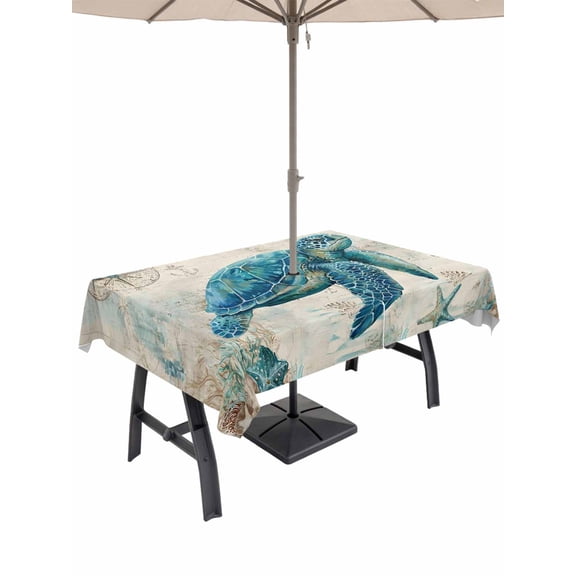 Outdoor Tablecloths with Umbrella Hole & Zipper, Teal Sea Turtle Coastal 60 x102 Inch Rectangle Tablecloths, Vintage Summer Beach Nautical Waterproof Table Cloth, Patio/Pool/Picnic Table Covers