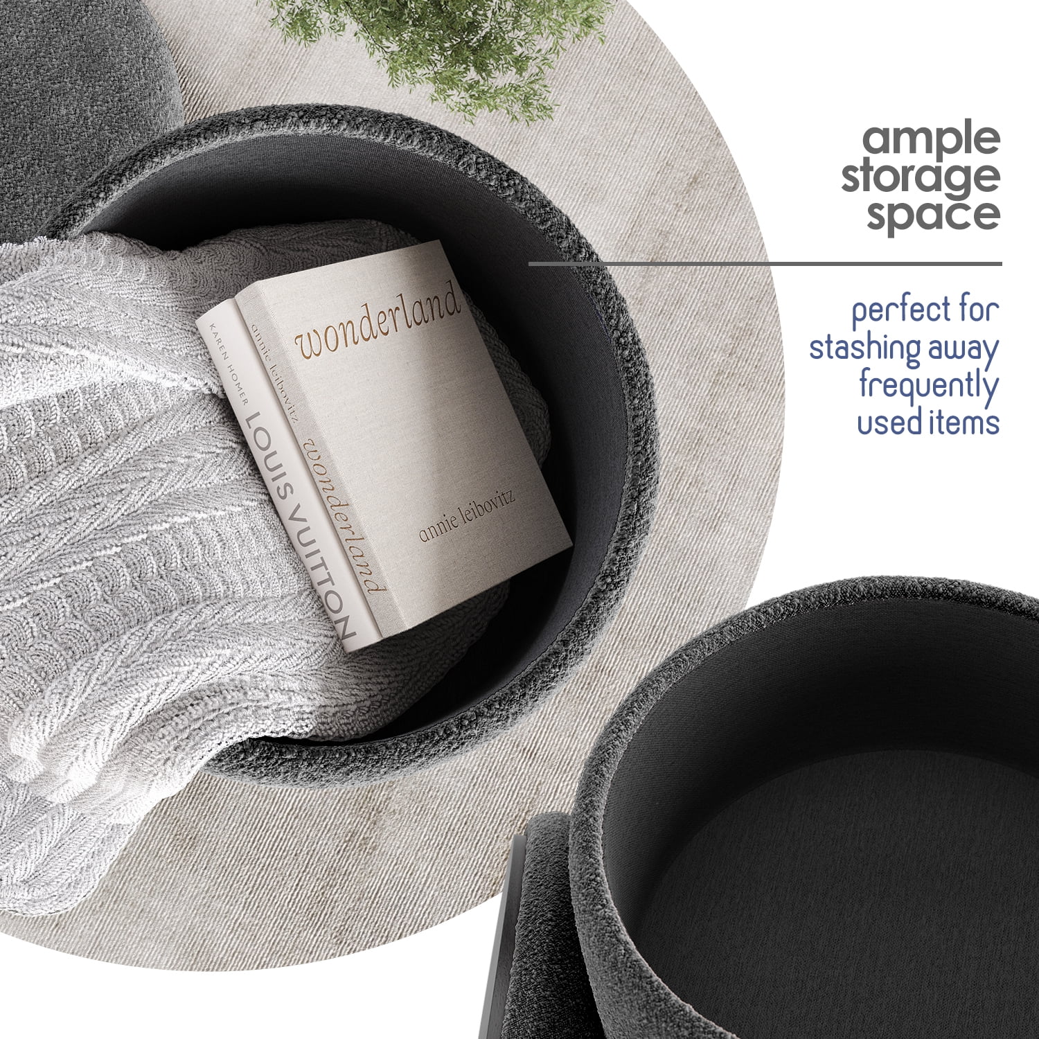 LammaLoe Small Round Ottoman with Storage, Boucle Ottoman Foot Stool with Lid, Upholstered Vanity Stool for Living Room & Bedroom, Grey