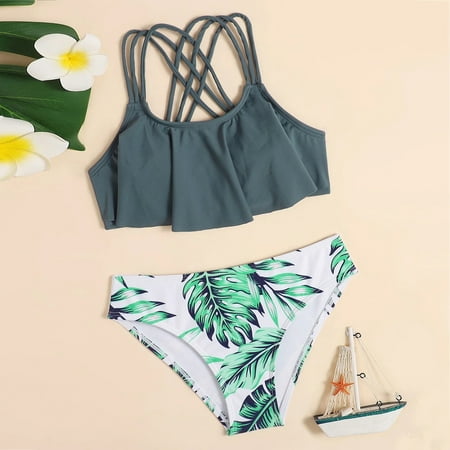 

Girls Summer Cute Crisscross The Leaves Floral Print Two Piece Swimsuit
